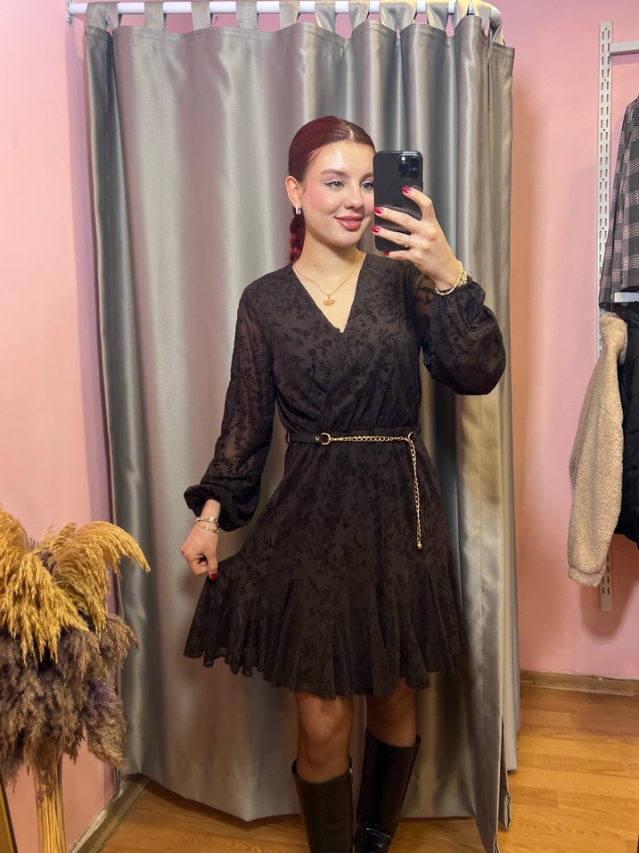 Siyah Mini V Yaka Kemerli Elbise - Görsel 2