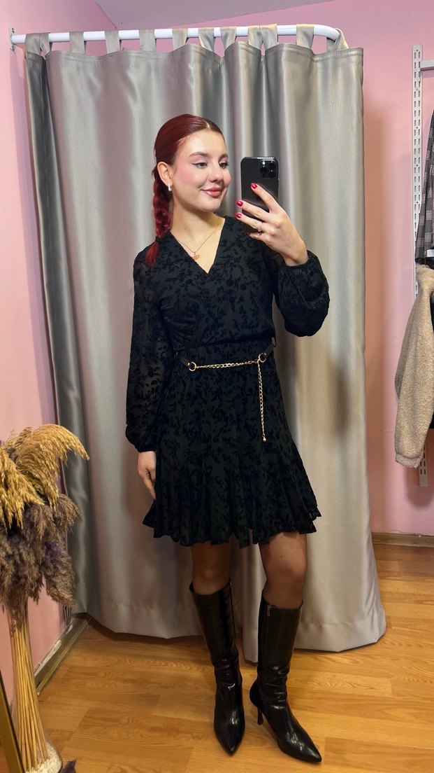 Kadar Midi Siyah Kemerli Gotik Elbise - Görsel 4