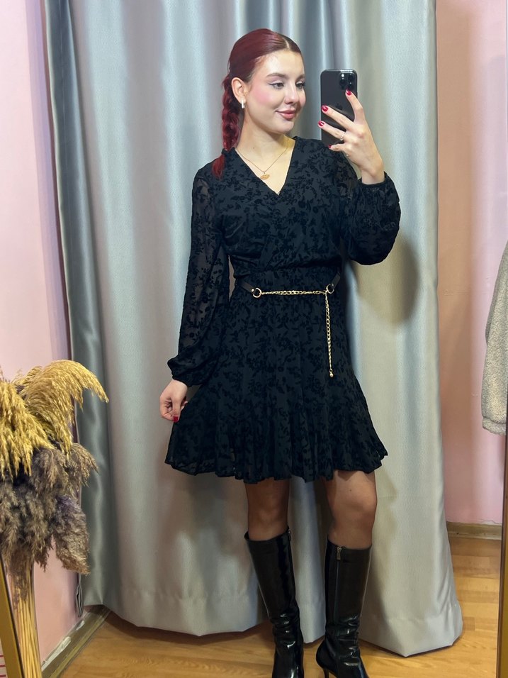 Kadar Midi Siyah Kemerli Gotik Elbise - Görsel 3