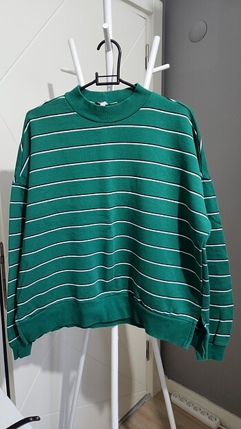 Yeşil Çizgili Koton Sweatshirt Boğazlı