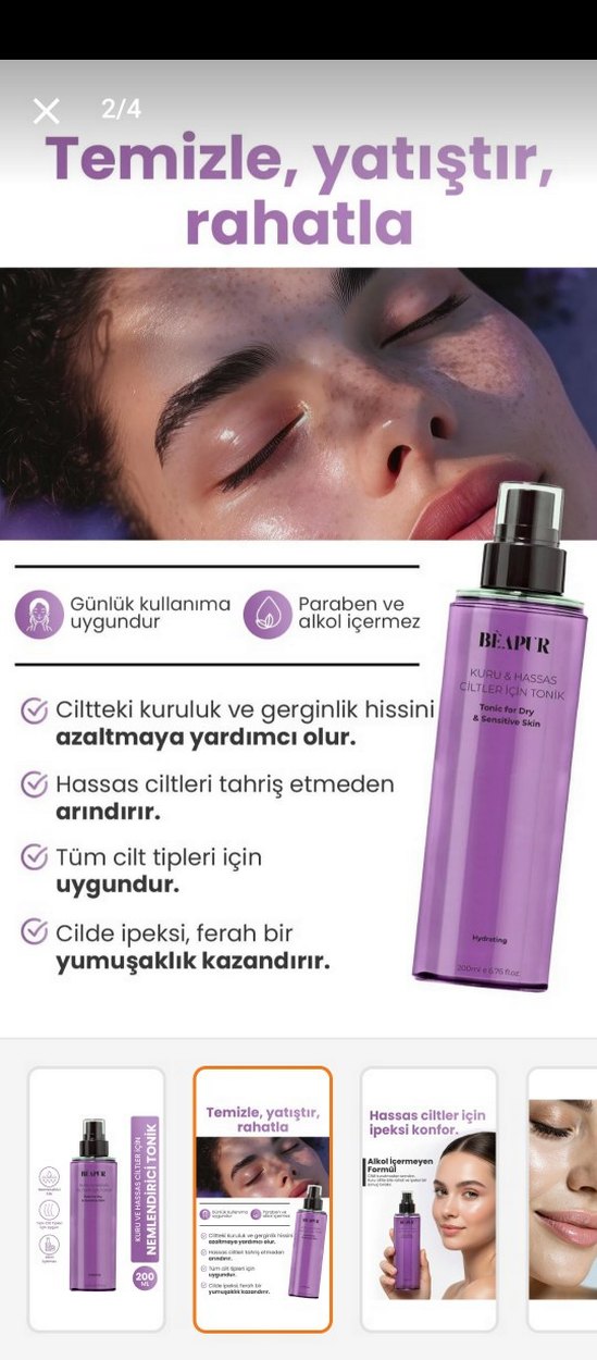 Beapur Kuru ve Hassas Ciltler için Nemlendirici Tonik 200 ml - Görsel 2