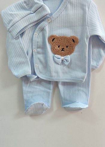Mavi Erkek Bebek Nakışlı Düğmeli Takım