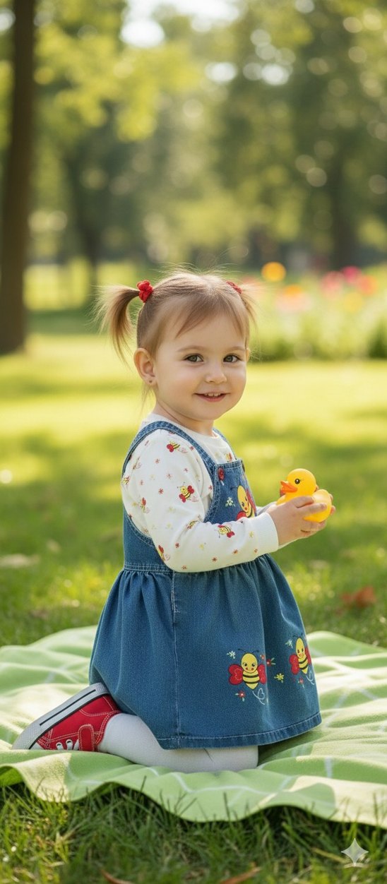 Nakışlı Mavi Denim Kız Elbise - Görsel 2