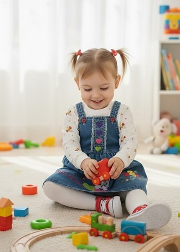 Nakışlı Mavi Kız Çocuk Denim Elbise - Görsel 2