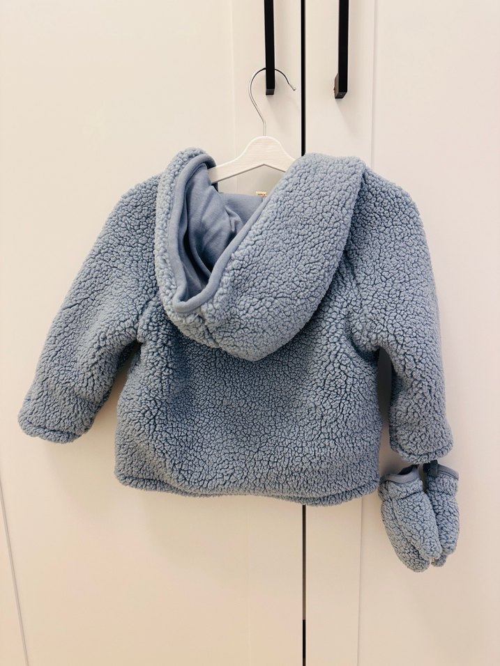 Kapüşonlu Mavi Erkek Çocuk Peluş Mont - Görsel 2