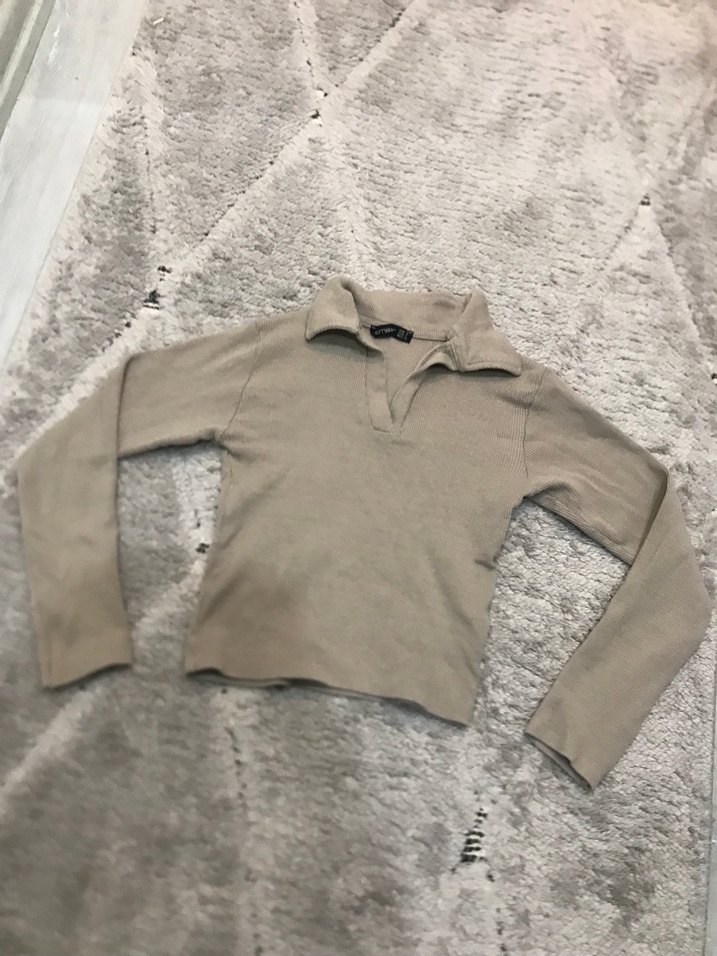 Bej Kadın Uzun Kollu Yakalı İnce Kazak - Görsel 2