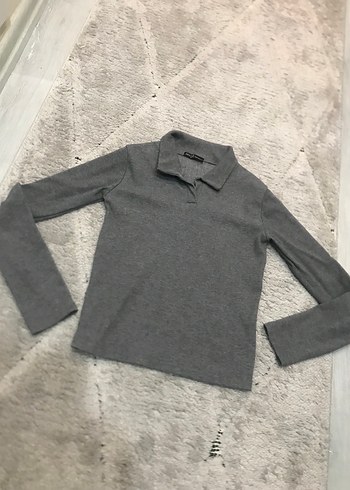 Uzun Kollu Gri Polo Yaka Kadın Kazak - Görsel 2