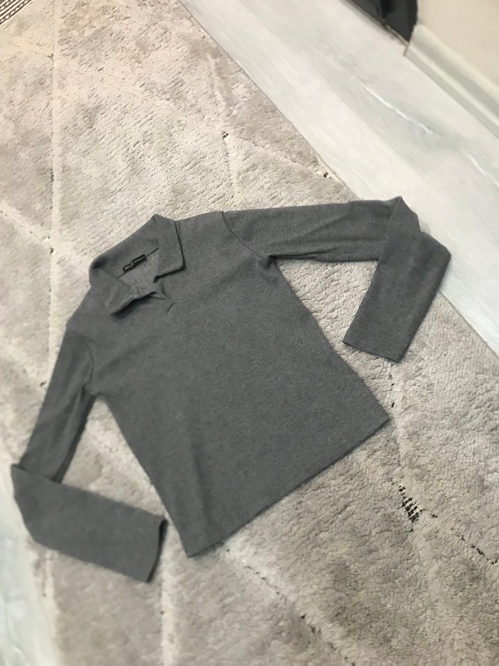 Uzun Kollu Gri Polo Yaka Kadın Kazak - Görsel 3