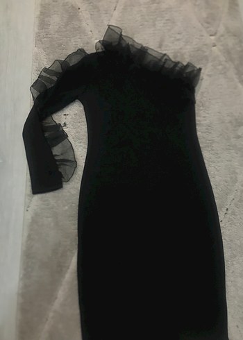 Siyah Uzun Kollu Fırfırlı Straplez Elbise - Görsel 3