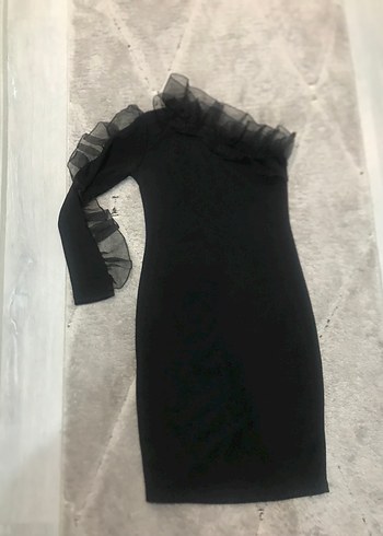 Siyah Uzun Kollu Fırfırlı Straplez Elbise - Görsel 2