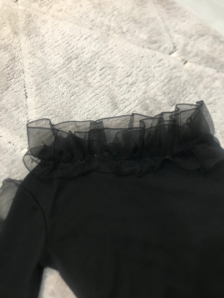 Siyah Uzun Kollu Fırfırlı Straplez Elbise - Görsel 5