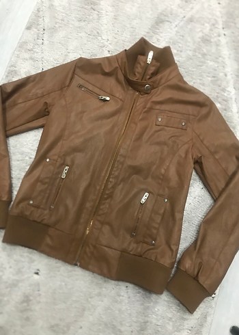Kadın Parlak Kahverengi Deri Ceket - Görsel 4