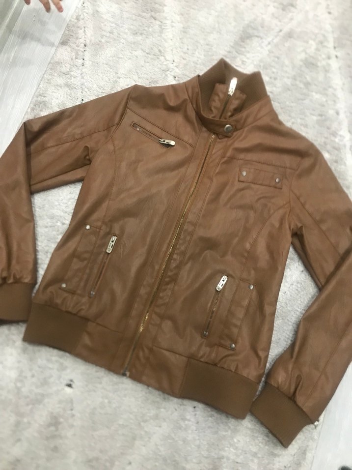 Kadın Parlak Kahverengi Deri Ceket - Görsel 3