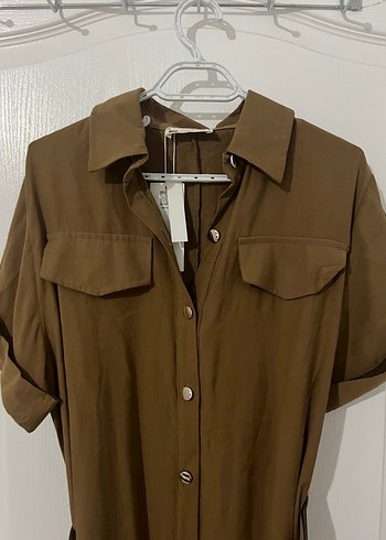 Tensel kumaş midi boy kemerli elbise - Görsel 3