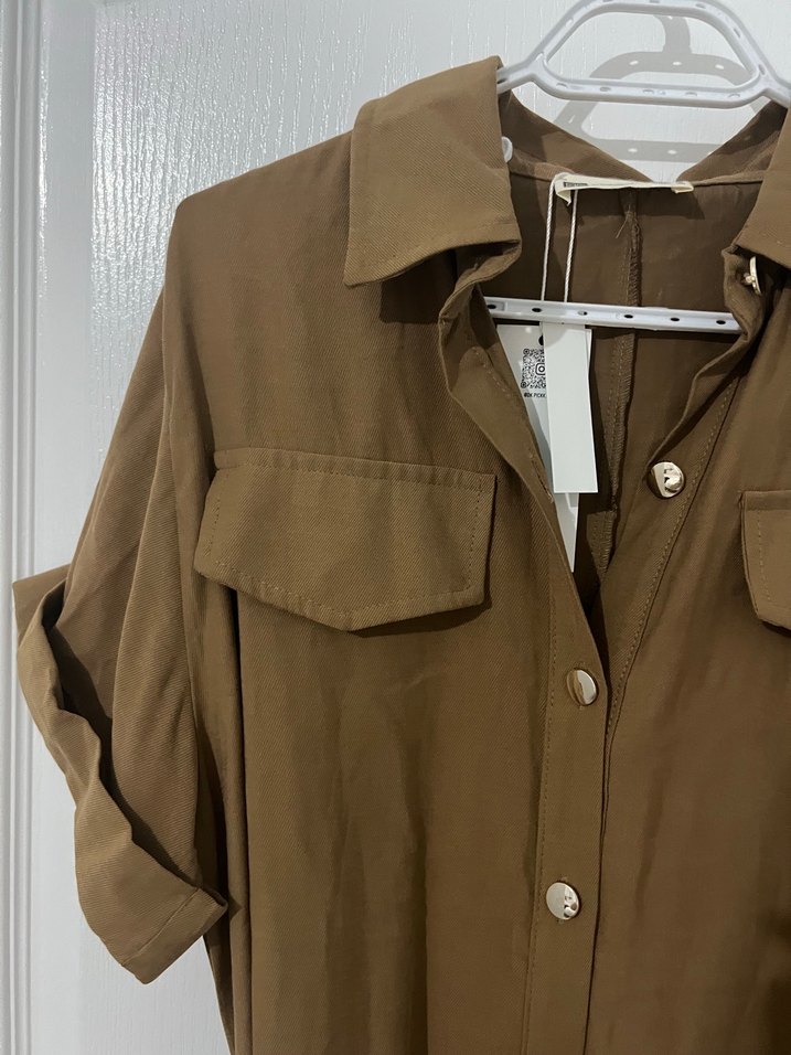 Tensel kumaş midi boy kemerli elbise - Görsel 2