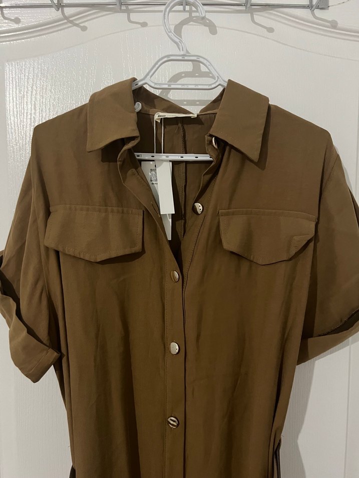 Tensel kumaş midi boy kemerli elbise - Görsel 3