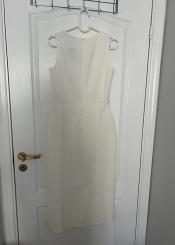 Düğmeli Ekru V Yaka Midi Elbise - Görsel 5