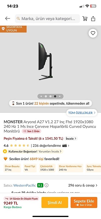  Beden Monster Aryond A27 V1.2 27 ? FHD 1920*1080 240 hz Monitor