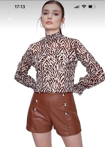 Düğmeli Kahverengi Deri Mini Şort - Görsel 7