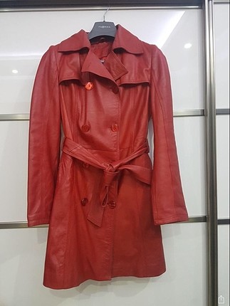 Gerçek deri kırmızı uzun ceket