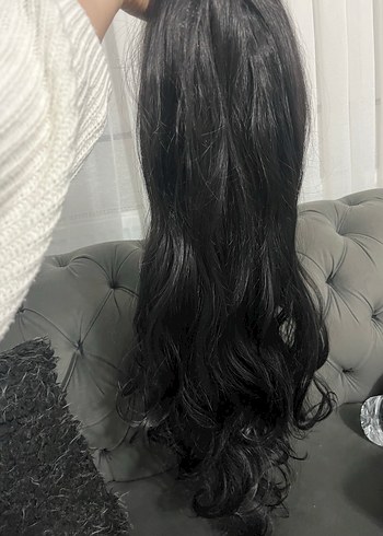 Koyu Siyah Uzun Sentetik Peruk, Kürk Detaylı - Görsel 4