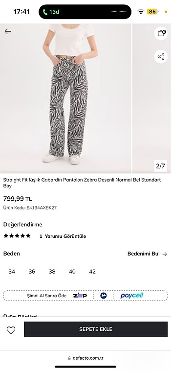 42 Beden çeşitli Renk Defacto zebra desenli jean