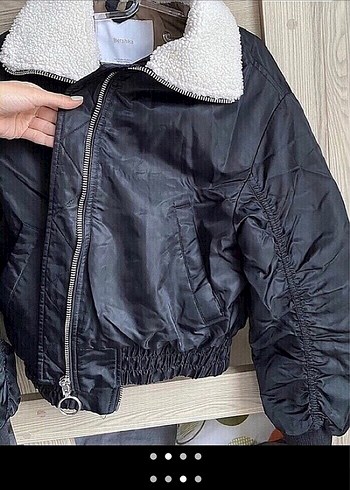 l Beden Siyah Peluş Detaylı siyah bomber