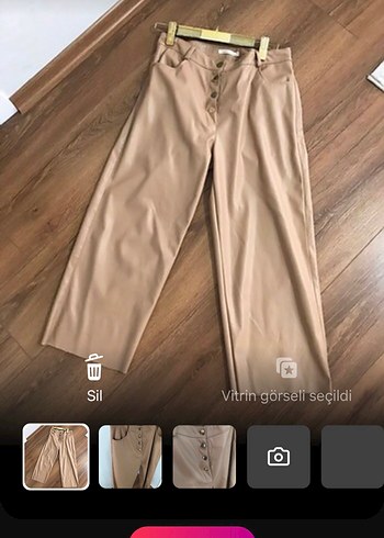 Deri Düğmeli Bej Deri Kadın Pantolon kesik paça - Görsel 3