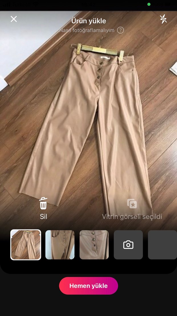 Deri Düğmeli Bej Deri Kadın Pantolon kesik paça - Görsel 3