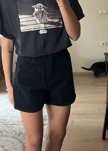 Addax Kadın Siyah Baskılı Bol Kesim Mini Denim Şort