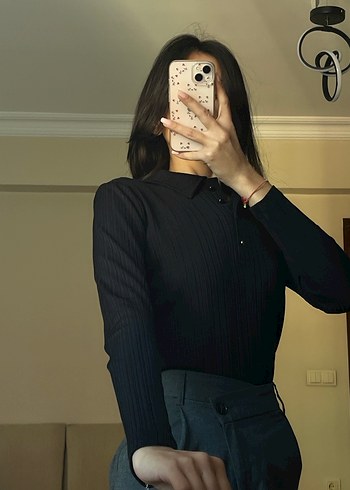 Düğmeli Siyah Uzun Kollu Kadın Ofis Bluzu - Görsel 3