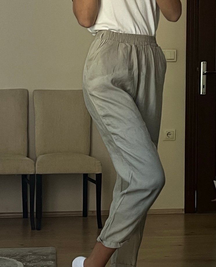 Bej Kadın Keten Rahat Pantolon - Görsel 4