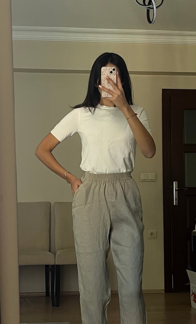 Bej Kadın Keten Rahat Pantolon - Görsel 3