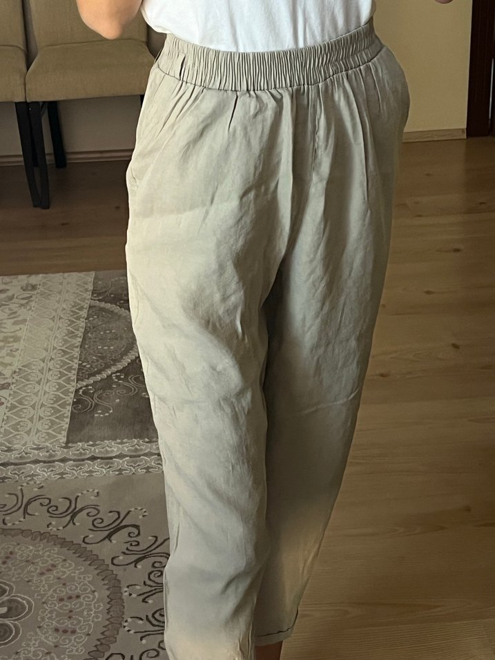 Bej Kadın Keten Rahat Pantolon - Görsel 2