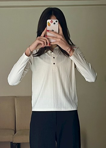 Bej Düğmeli Yaka Detaylı Pamuklu Kadın Bluz - Görsel 3