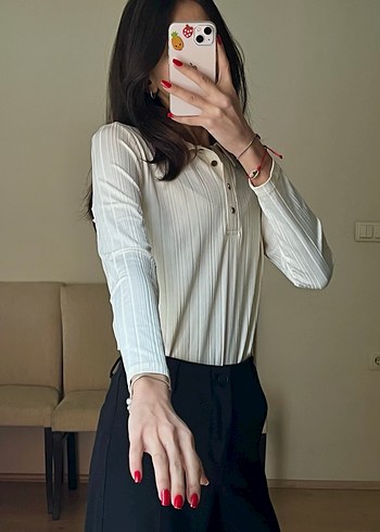 Bej Düğmeli Yaka Detaylı Pamuklu Kadın Bluz - Görsel 2