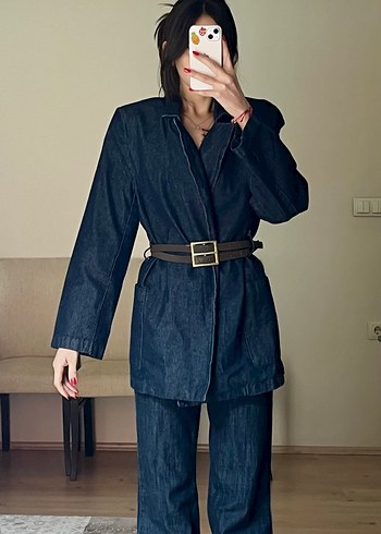 Kemerli Lacivert Kadın Denim Ceket - Görsel 4