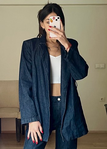 Kemerli Lacivert Kadın Denim Ceket - Görsel 3