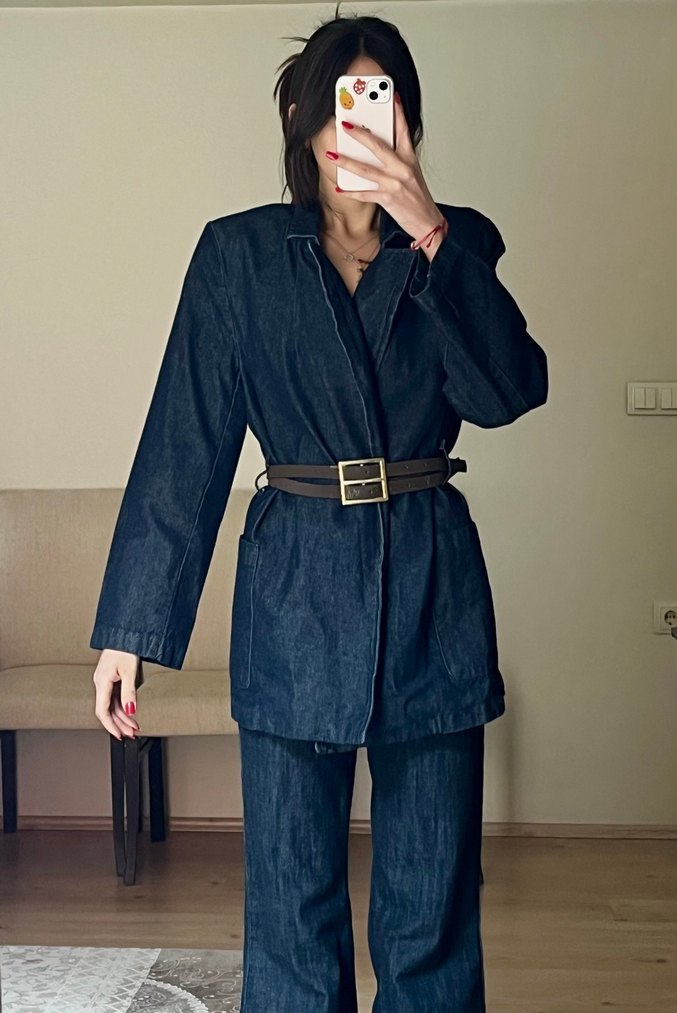 Kemerli Lacivert Kadın Denim Ceket - Görsel 4