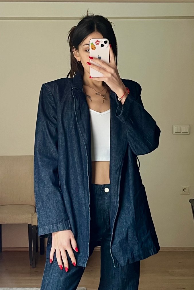 Kemerli Lacivert Kadın Denim Ceket - Görsel 3