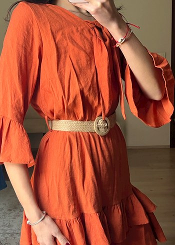 Kemerli V Yaka Mini Bohem Elbise - Görsel 2