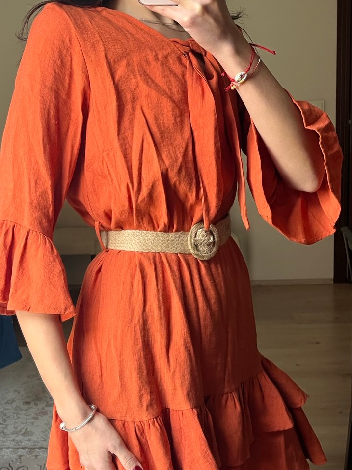 Kemerli V Yaka Mini Bohem Elbise - Görsel 2