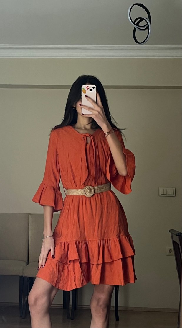 Kemerli V Yaka Mini Bohem Elbise - Görsel 3