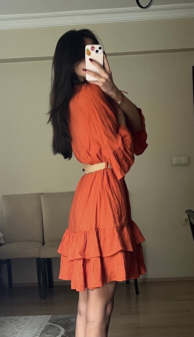 Kemerli V Yaka Mini Bohem Elbise - Görsel 4