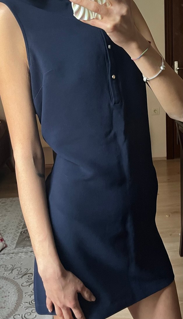 Lacivert Kolsuz Midi İş Elbisesi - Görsel 5
