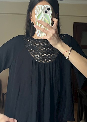 Dantel Detaylı Siyah Mini Triko Bluz - Görsel 4