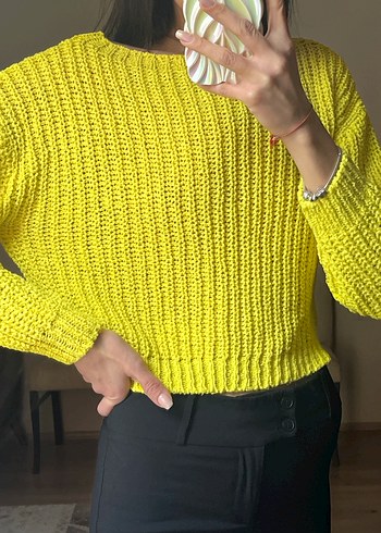 Sarı Kısa Örgü Kadın Kazak - Görsel 4