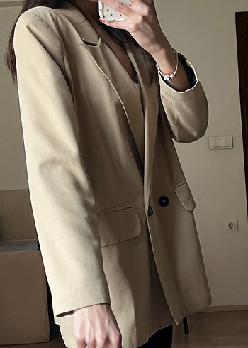 Bej Düğmeli Midi Kadın Blazer Ceket - Görsel 3