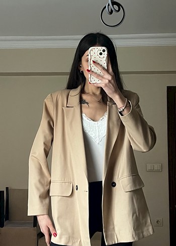 Bej Düğmeli Midi Kadın Blazer Ceket - Görsel 2