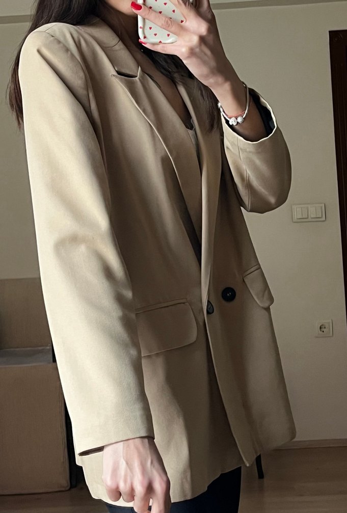 Bej Düğmeli Midi Kadın Blazer Ceket - Görsel 3